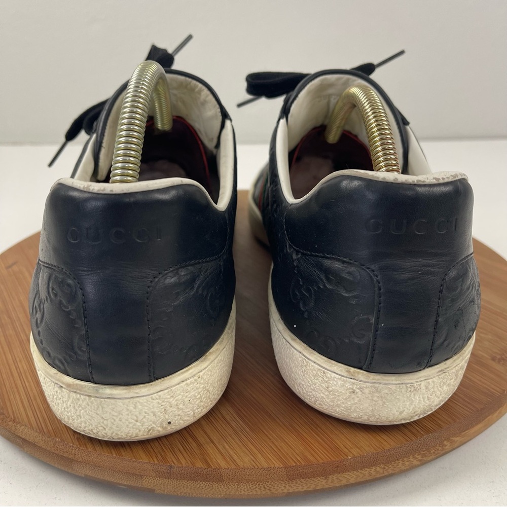 Black Leather Men's Low-Top Sneakers with Green/Red Stripe - Picture 4 of 12